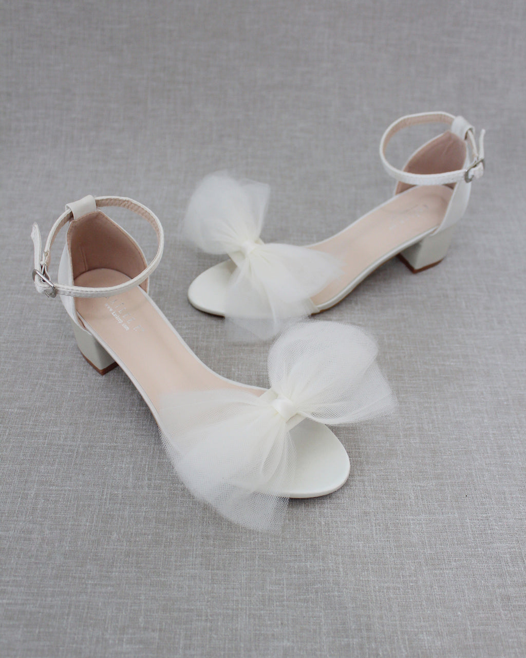 White Satin Block Heel Sandal with Oversized Tulle Bow, Wedding Shoes 11 Women / Regular Ankle Strap