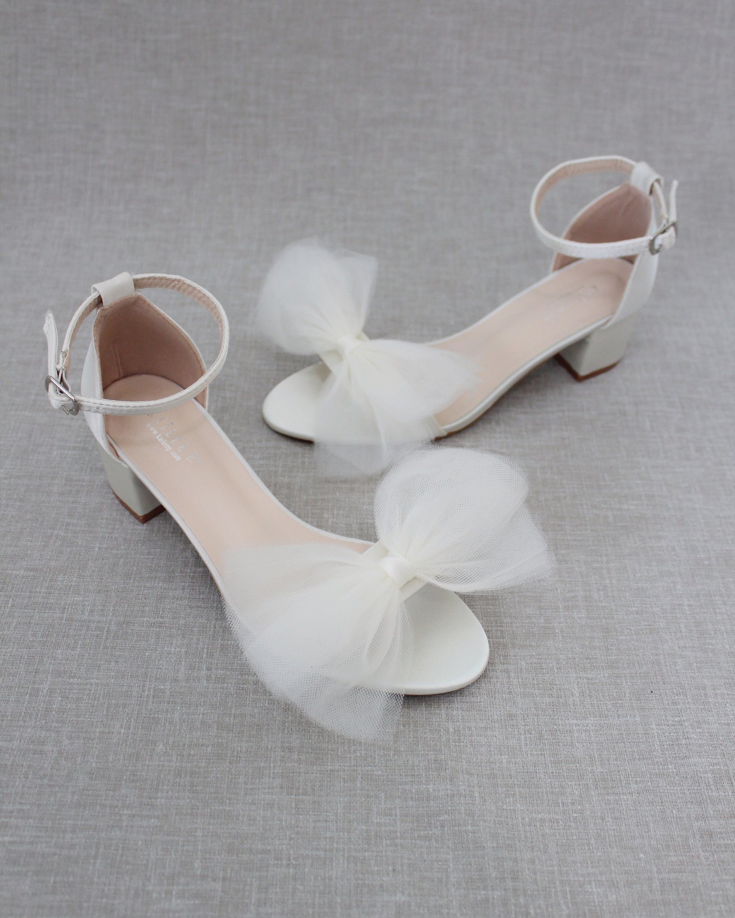 Ivory Satin Block Heel Sandal with Front Oversized Tulle Bow