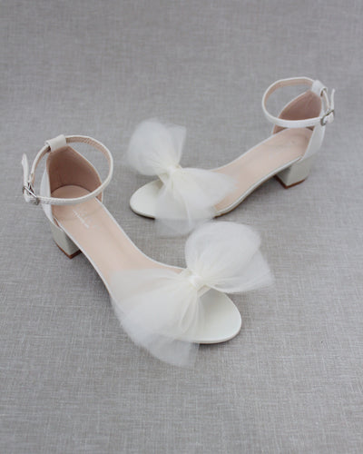 Ivory Women Block Heel Sandals with Front Tulle Bow