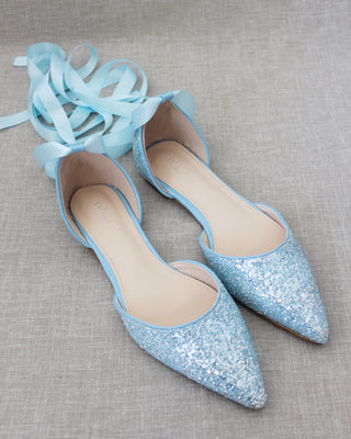 Rock Glitter Pointy Toe Flats with Satin Ankle Tie or Ballerina Lace UpWomen Shoes