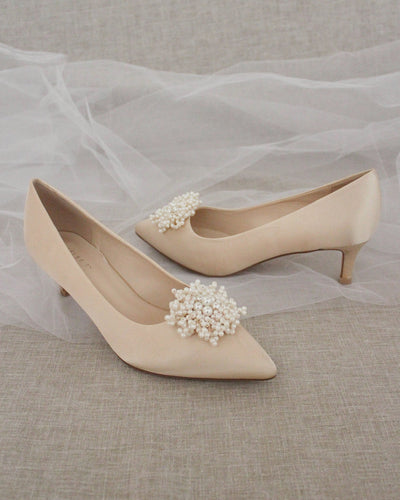 Champagne Satin Pumps with Mini Pearls