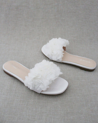 Satin Slide Wedding Sandals with Allover Chiffon Flowers