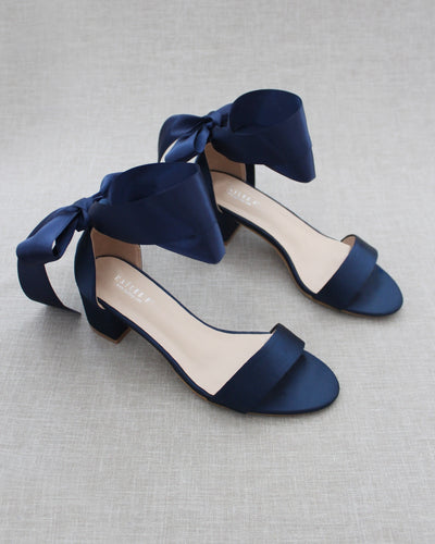 Navy Blue Block Heel Sandals with Ribbon Ties