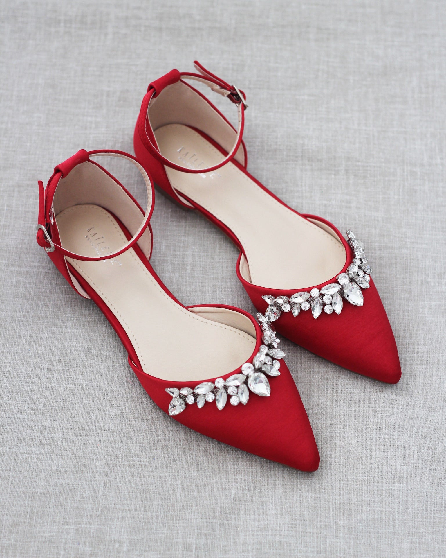 Red Satin Wedding Flats Women Wedding Shoes Bridesmaids Shoes 6.5 Ankle Strap
