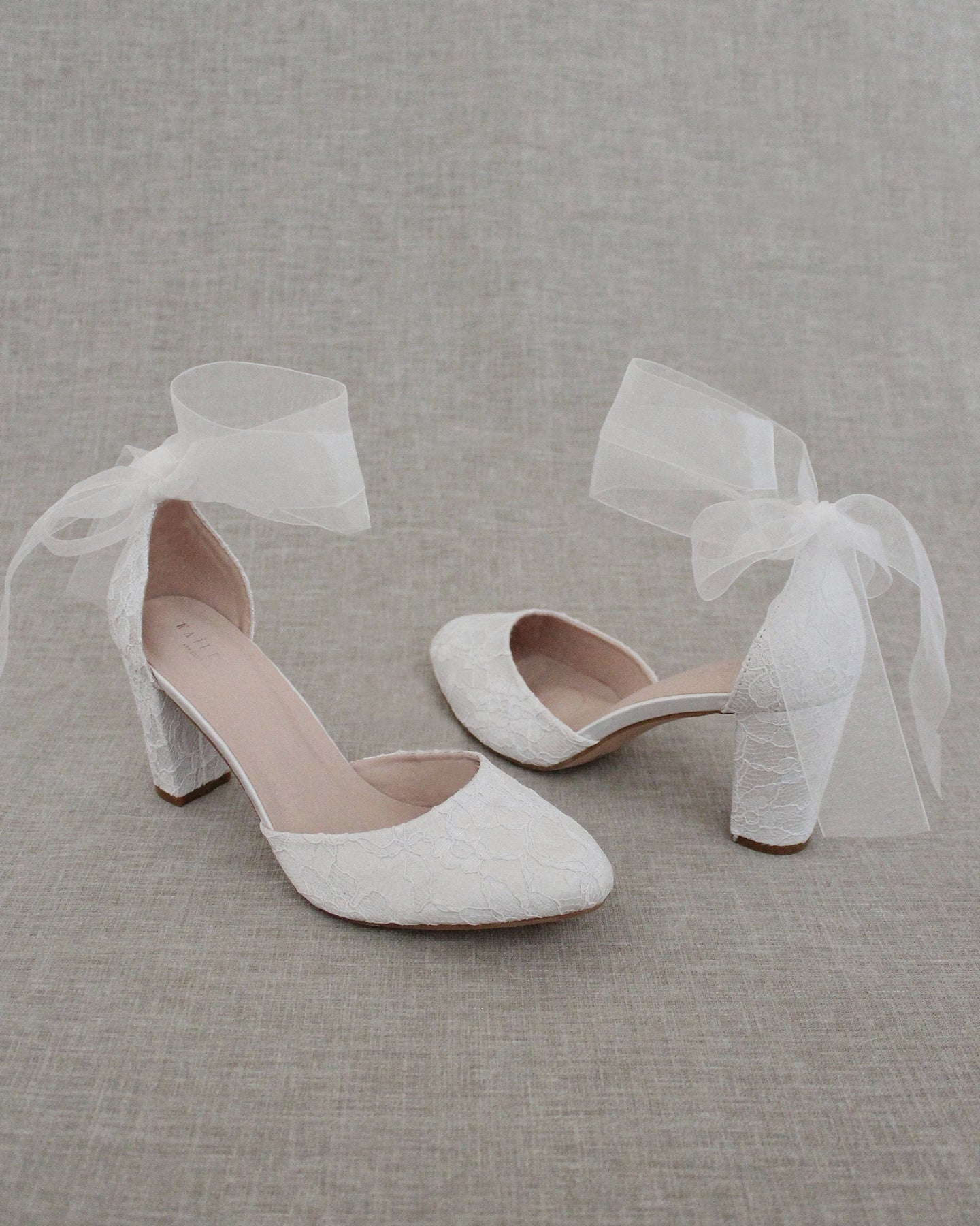 White Lace Block Heel with Wrapped Satin Tie - White Lace Heels ...