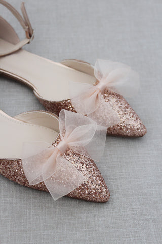 Rose Gold Glitter Women Flats with Chiffon Bow