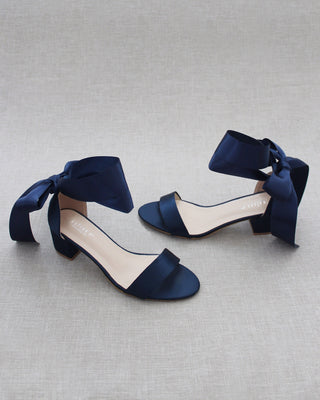 Navy Satin Block Heel Sandal with Wrapped Satin Tie