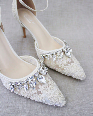 Ivory Crochet Lace Pointy Toe Heels with Teardrop Rhinestones EmbellishmentsWomen Shoes