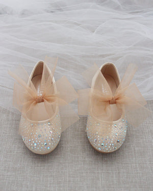 Satin Mary Jane Flats with Rhinestones Embellishment and Champagne Chiffon Bow
