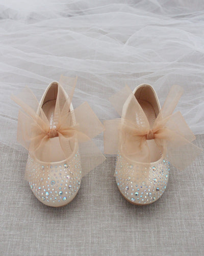 Champagne Rhinestone Flats with Chiffon Bow