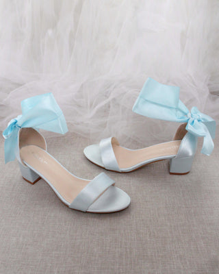 Light Blue Block Heel Sandals with Ribbon Ties