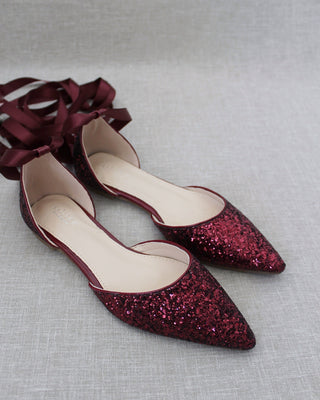 Rock Glitter Pointy Toe Flats with Satin Ankle Tie or Ballerina Lace UpWomen Shoes