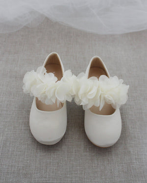 Satin Mary Jane Flats with Chiffon Flowers