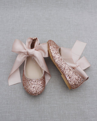 Rose Gold Glitter Girls Ballet Flats with Ribbon Ties