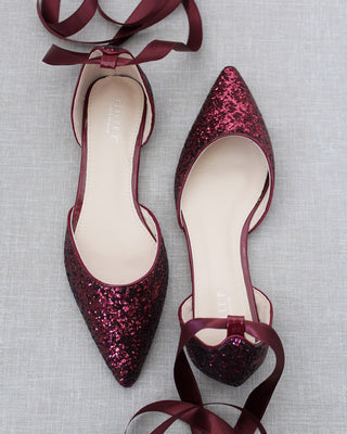 Rock Glitter Pointy Toe Flats with Satin Ankle Tie or Ballerina Lace UpWomen Shoes
