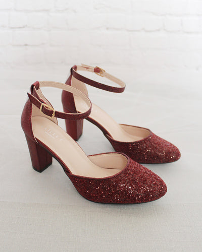Burgundy Red Glitter Block Heels