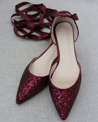 Rock Glitter Pointy Toe Flats with Satin Ankle Tie or Ballerina Lace UpWomen Shoes
