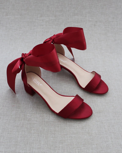 Burgundy Red Block Heel Sandals with Satin Ties