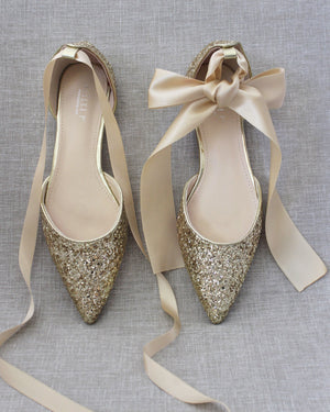 Rock Glitter Pointy Toe Flats with Satin Ankle Tie or Ballerina Lace Up