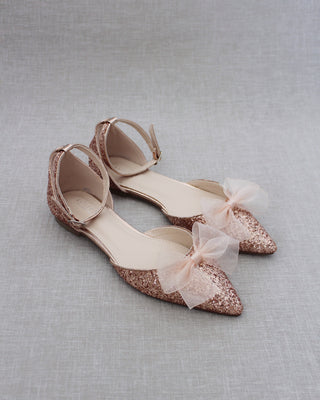 Rose Gold Glitter Women Flats with Chiffon Bow