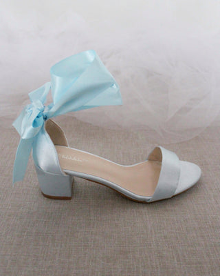 Light Blue Block Heel Sandals with Ribbon Ties