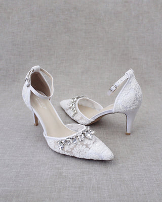 White Crochet Lace Pointy Toe HEELS with Teardrop Rhinestones EmbellishmentsWomen Shoes