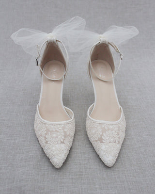 Ivory Crochet Lace Pointy Toe Heels with Tulle Back BowWomen Shoes