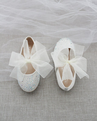 Ivory Rhinestone Kids Flats with Chiffon Bow