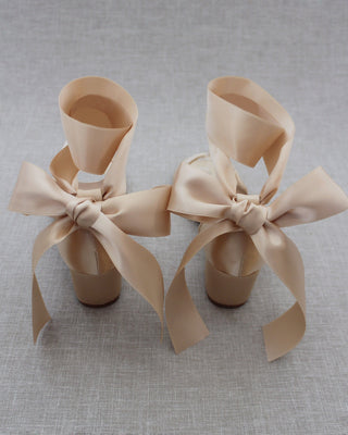 Champagne Women Block Heel Sandals with Ribbon Ties