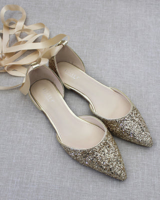 Gold Glitter Women Flats with Satin Ties