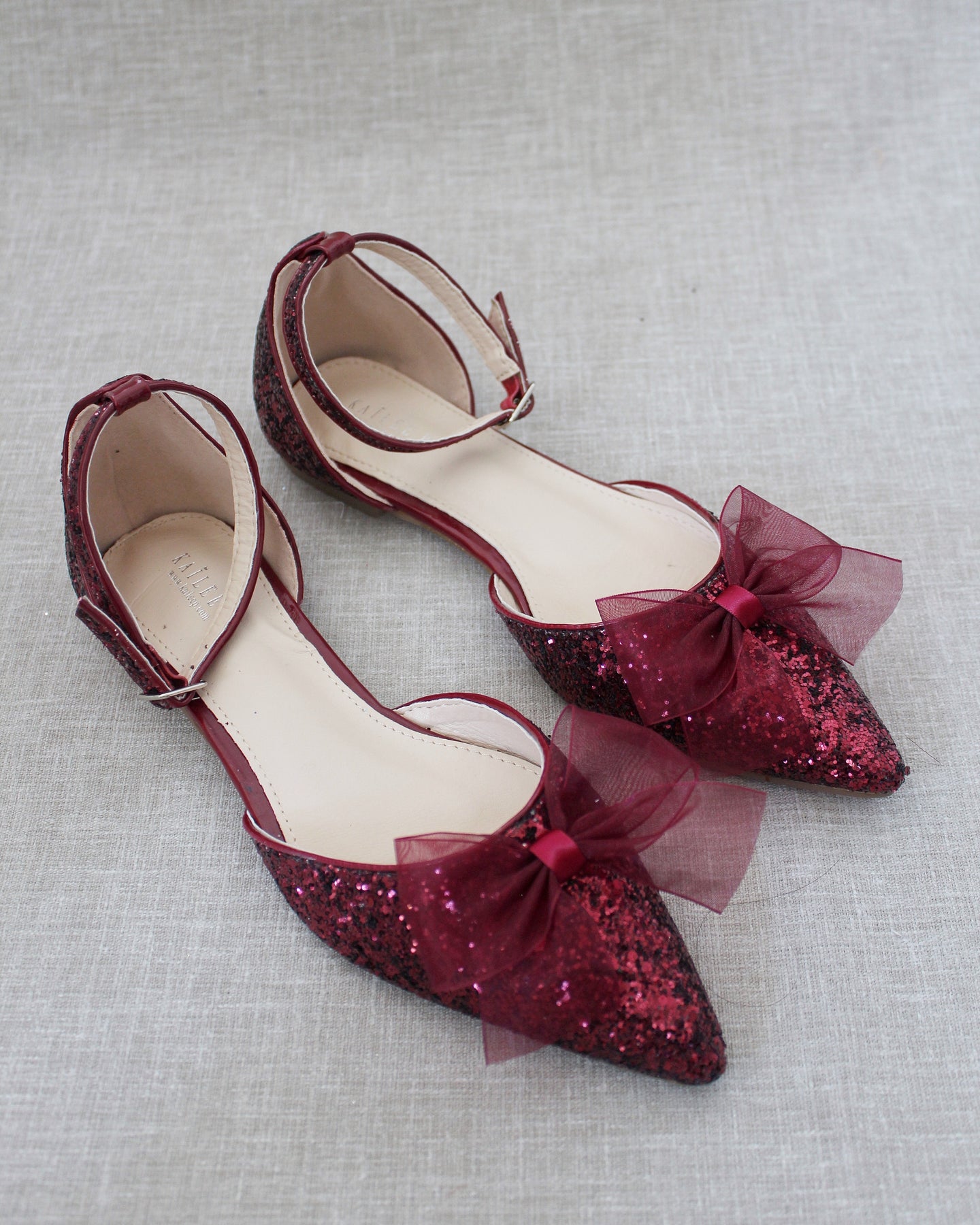 Red Pointy Toe Glitter Flats, Evening Shoes, Bridesmaids Shoes 8.5