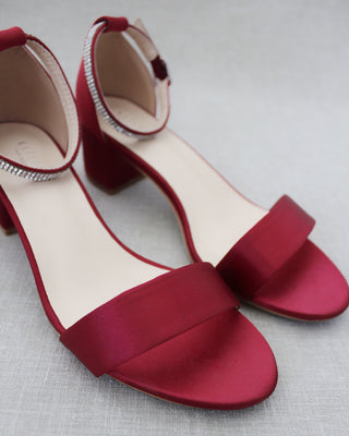 Burgundy Red Women Block Heel Sandals with Rhinestone Straps