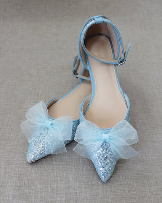 Light Blue Glitter Women Flats with Chiffon Bow