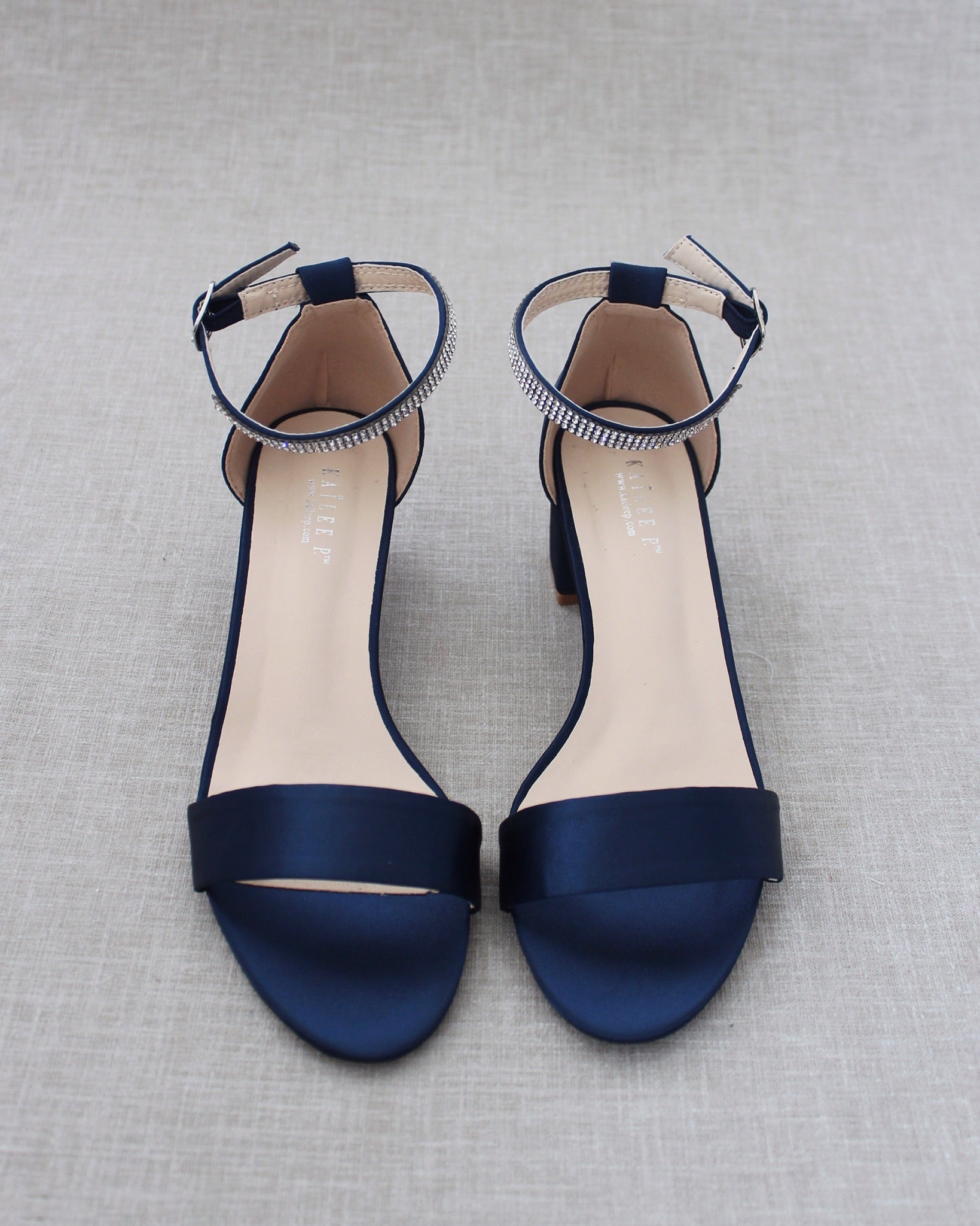 Satin Block Heel Sandals with Mini Rhinestones Strap, Evening Heels 10