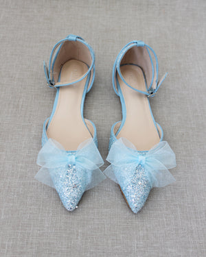 Rock Glitter Pointy Toe Flats with Organza Bow