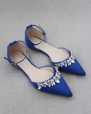Satin Pointy Toe Flats with Teardrop Rhinestones Embellishments