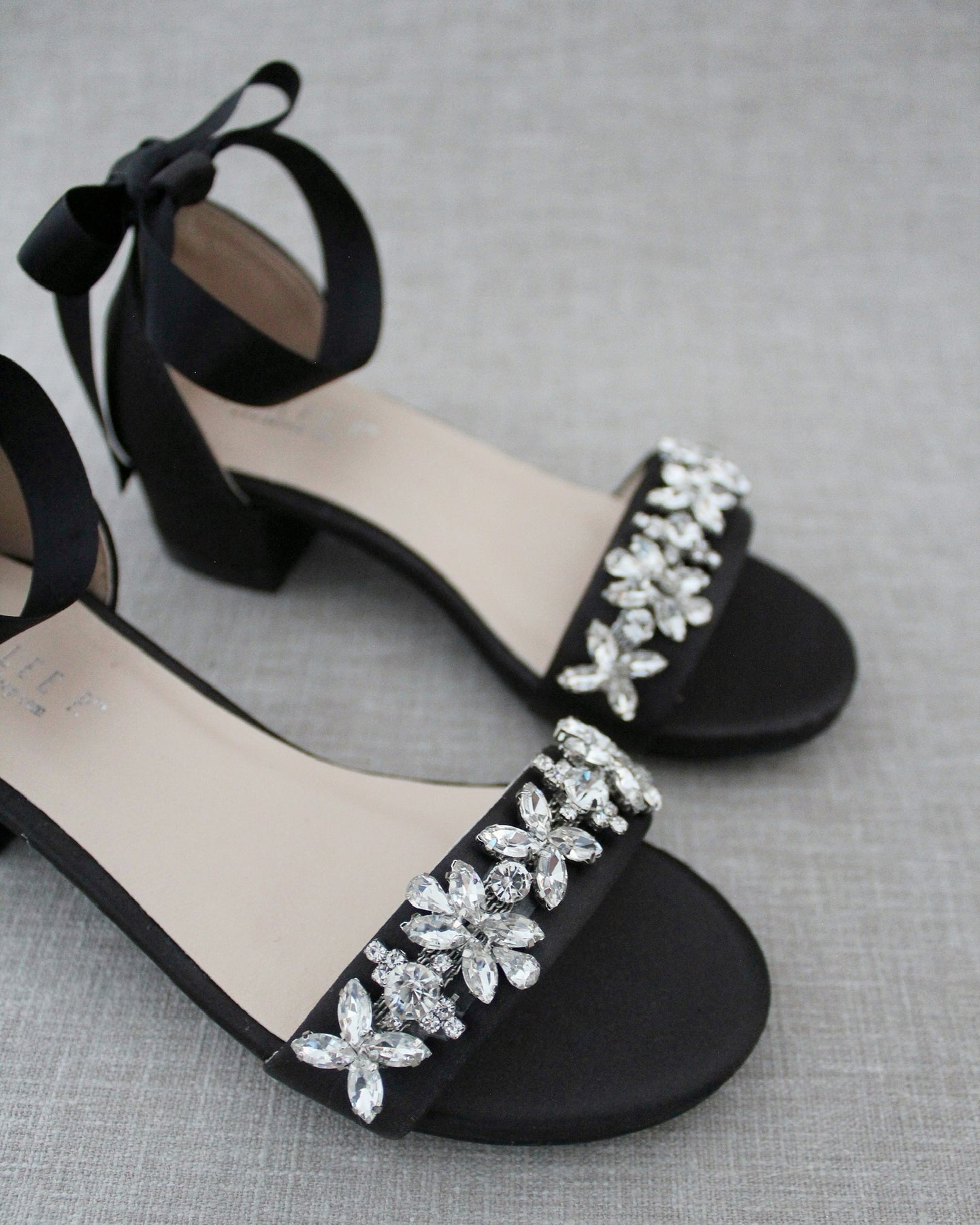 Satin Block Heel Sandals with Floral Rhinestones on Upper Strap