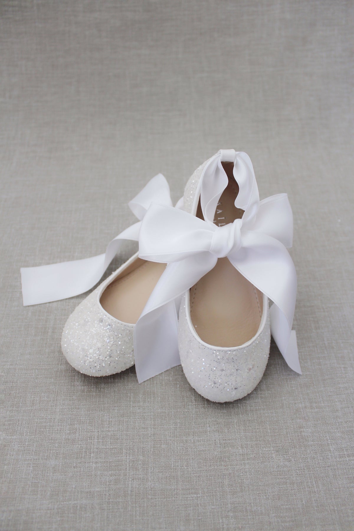 White Rock Glitter Ballet Flats With Satin Ankle Strap - Flower Girls ...