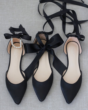 Satin Pointy Toe Flats with Satin Ankle Tie or Ballerina Lace Up