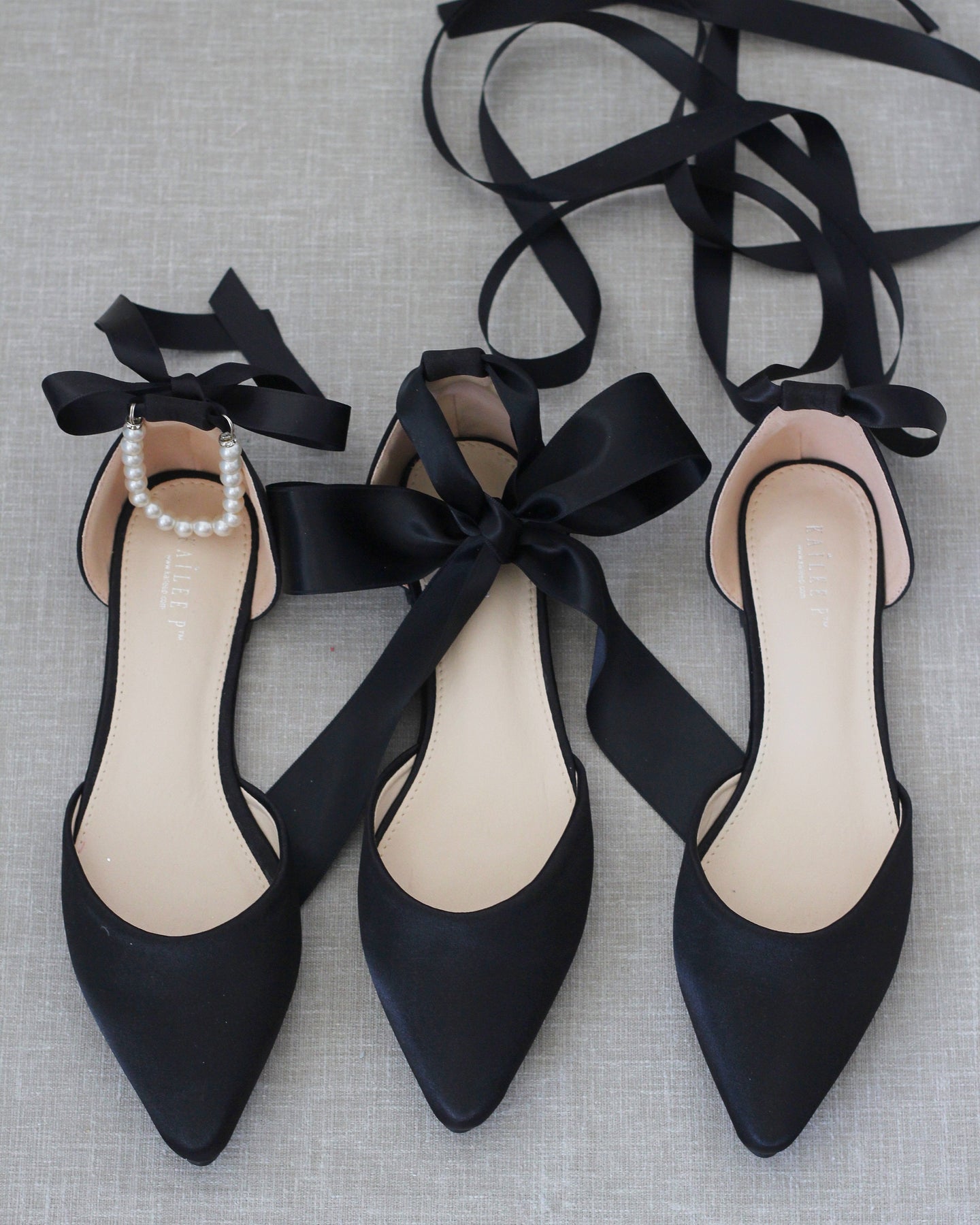 Black Satin Pointy Toe Flats with Satin Ankle Tie or Ballerina Lace Up - Wedding Shoes, Bridesmaids Shoes, Evening Shoes US 7 / UK 5 / EU 37 / Pearl 