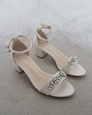 Satin Block Heel Sandals with Floral Rhinestones