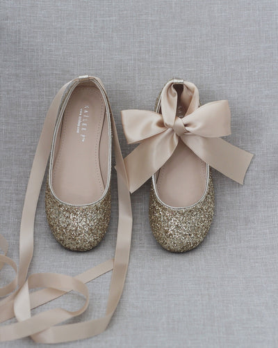 Gold Glitter girls Ballet Flats with Ribbon Ties