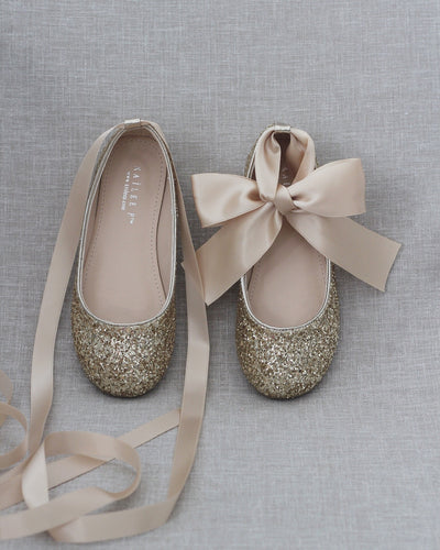 Gold Glitter girls Ballet Flats with Ribbon Ties