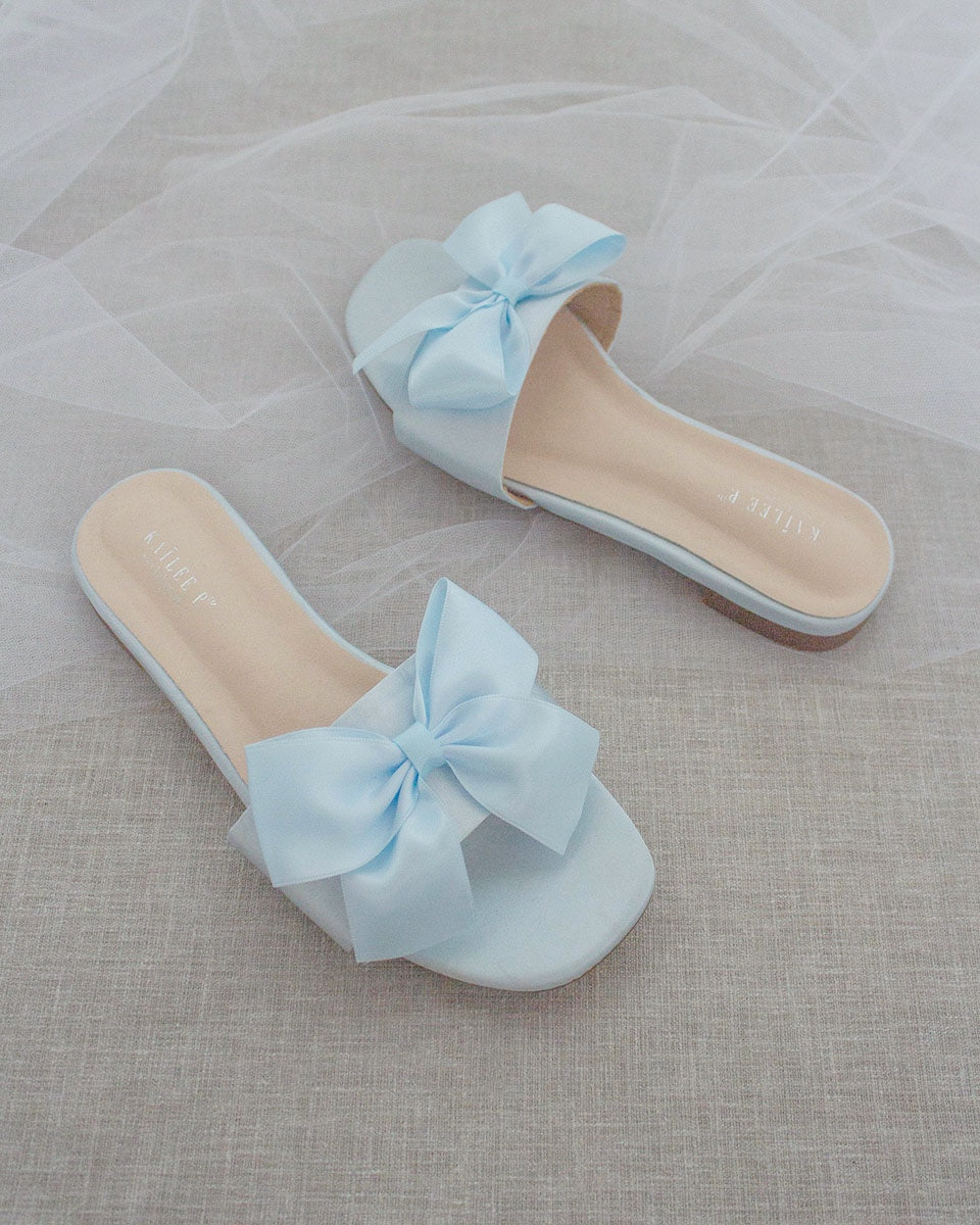 Light Blue Satin Slip on Wedding Sandals with Satin Bow Bridal Sandal