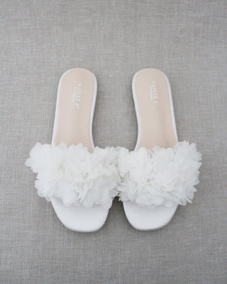 Satin Slide Wedding Sandals with Allover Chiffon Flowers