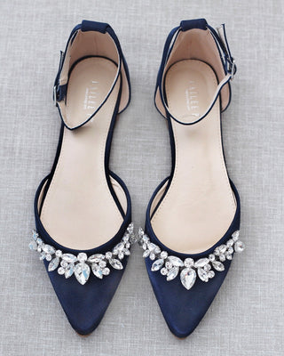 Satin Pointy Toe Flats with Teardrop Rhinestones Embellishments