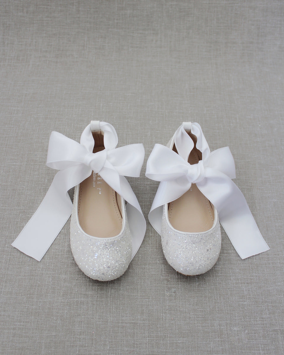 White Rock Glitter Ballet Flats With Satin Ankle Strap - Flower Girls ...