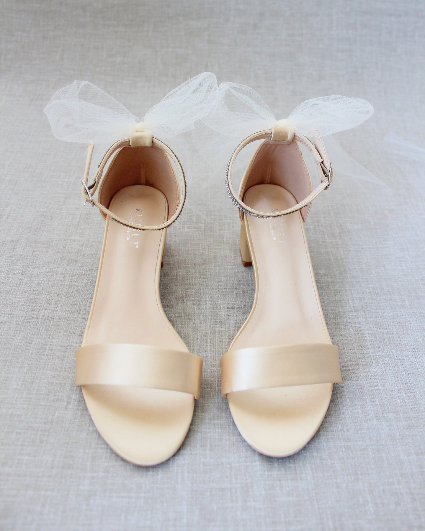 Champagne Satin Block Heel Sandals with Tulle Back Bow, Wedding Sandals ...