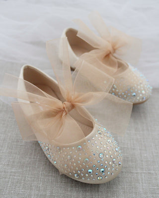 Champagne Rhinestone Flats with Chiffon Bow