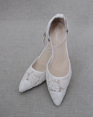 White Crochet Lace Pointy Toe HEELS with Ankle StrapWomen Shoes